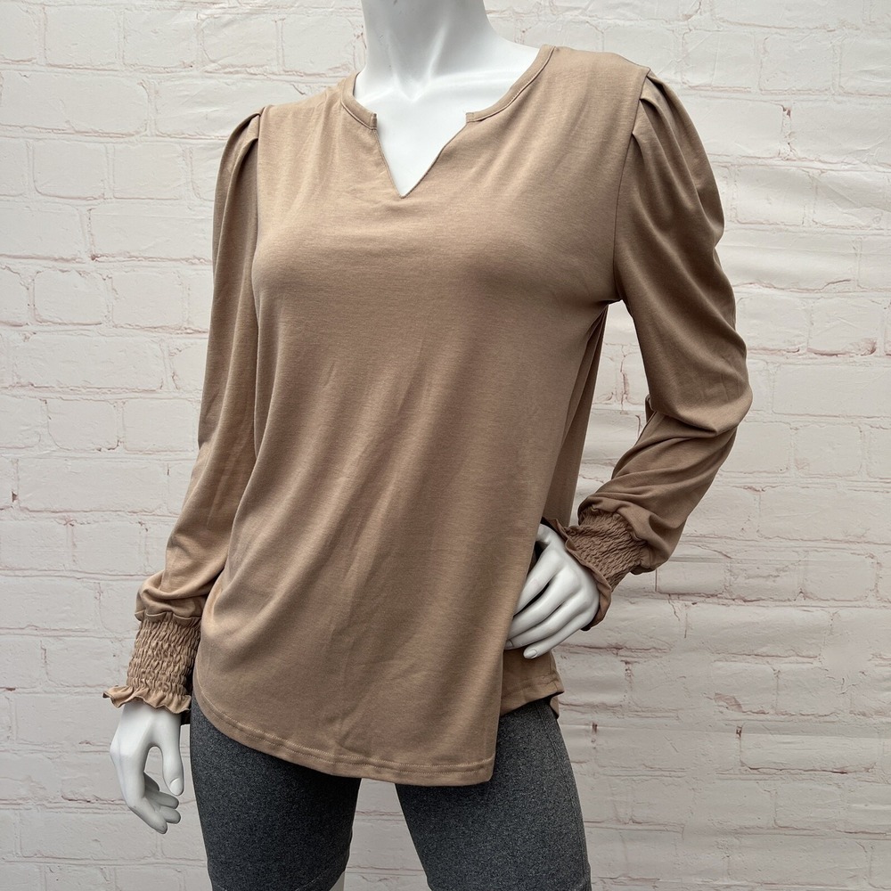Women Long Puff Sleeve Tops Casual V-Neck Smocked Cuffs Cute Brown Blouse M